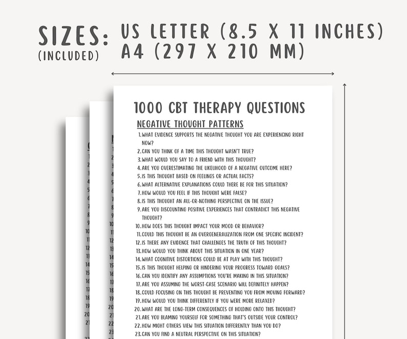 1000 CBT Therapy Questions, Cognitive Behavioral Therapy Resources, Therapy Interventions, Negative Thought Patterns, Self Esteem Worksheets