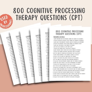 May include: A set of five white cards with black text, each card containing a list of questions titled "800 Cognitive Processing Therapy Questions (CPT)". The cards are labeled "Self-Belief", "Trust", "Control", "Safety", and "Self-Acceptance". The last card also includes a section titled "Trauma Details" with a list of questions about trauma.