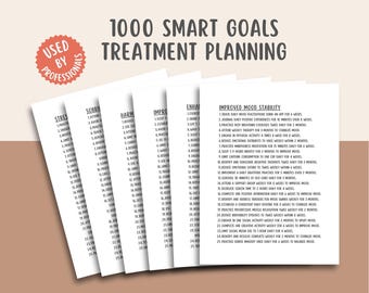 May include: A printable worksheet with the title "1000 SMART GOALS TREATMENT PLANNING" and a list of goals for improving mood stability. The goals include tracking mood fluctuations, journaling positive experiences, practicing deep breathing exercises, attending weekly therapy sessions, engaging in physical activity, reducing emotional outbursts, practicing mindfulness meditation, limiting caffeine consumption, identifying and challenging negative thoughts, reducing emotional eating, practicing gratitude, scheduling a support group, practicing self-care, attending a therapy session, decreasing screen time, practicing positive affirmations, practicing progressive muscle relaxation, establishing consistent routines, practicing stress reduction techniques, engaging in one social activity, completing one creative activity, practicing social media detox, practicing mindful meditation, and practicing guided imagery.