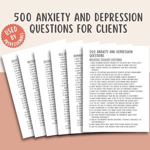 May include: A stack of white cards with the title "500 Anxiety and Depression Questions for Clients" and the words "Used by Professionals." The cards list questions about sleep, motivation, and negative thought patterns.