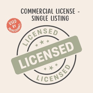 May include: A beige graphic with the text "COMMERCIAL LICENSE - SINGLE LISTING". A circular stamp reads "LICENSED" around the edge, with a green rectangle across the centre that also says "LICENSED". A red circle says "USED BY PROFESSIONALS".