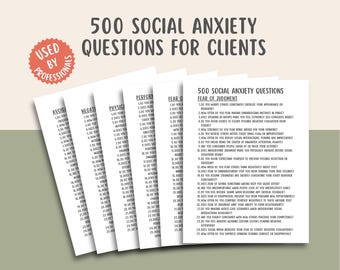 Preguntas sobre ansiedad social, sugerencias de terapia, diario de salud mental, alivio de la ansiedad, hojas de trabajo de TCC, herramientas de autoayuda, diario guiado, imprimible