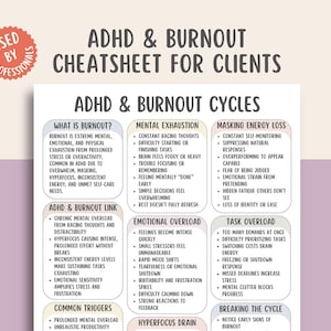 以下が含まれることがあります： 「ADHD & Burnout Cheatsheet for Clients」と題された白い紙で、ADHDと燃え尽き症候群のサイクルに関する詳細な情報が記載されています。このドキュメントには、燃え尽き症候群、精神的疲労、タスクの過負荷に関するセクションが含まれており、「Used by Professionals」のシールが付いています。