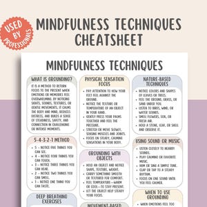 Folha de dicas de técnicas de atenção plena, gráfico de habilidades de aterramento, guia de respiração, sugestões de meditação, material imprimível para acalmar a ansiedade, autorregulação
