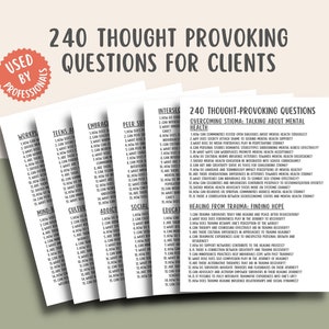 May include: A set of printable worksheets with 240 thought-provoking questions for clients. The questions are organized into categories such as "Overcoming Stigma", "Healing from Trauma", "Teens and Adolescence", "Workplace", "Mind-Body Connection", "Culture", "Addiction", "Peer Support", "Social Justice", "Education", "Embracing Differences", and "Intersections".