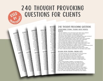 240 preguntas que invitan a la reflexión, preguntas para un diario de procesamiento emocional, hoja de trabajo sobre la terapia de la crítica interna, recurso para consejeros de salud mental.
