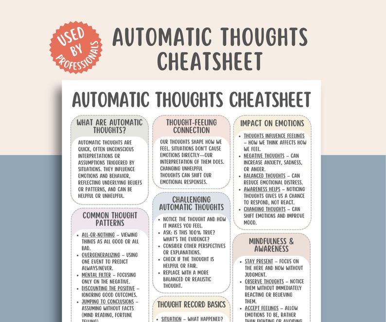 Automatic Negative Thoughts Cheatsheet, CBT Thought Record, Challenging ANTS, Mindfulness and Awareness, Impact on Emotions, Common Patterns