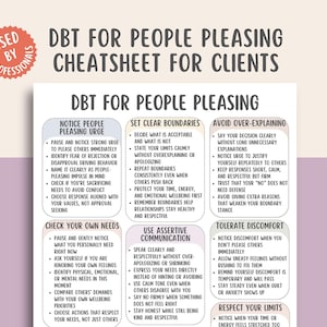 May include: A white paper titled "DBT for People Pleasing Cheatsheet for Clients" with bulleted lists of strategies. The top left corner has a red sticker that says "Used by Professionals."