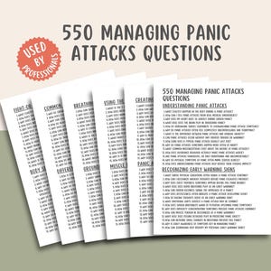 May include: A set of white cards with the text "550 Managing Panic Attacks Questions" and "Used by Professionals." The cards are printed with questions about panic attacks, including early warning signs.