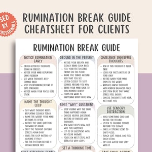 May include: A white printed guide titled "RUMINATION BREAK GUIDE CHEATSHEET FOR CLIENTS" with sections on managing thoughts. The guide includes strategies like noticing early signs, grounding techniques, and challenging unhelpful thoughts. The guide is "USED BY PROFESSIONALS".