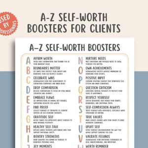 Op de afbeelding: A-Z Self-Worth Boosters voor cliënten poster. De poster bevat een lijst met affirmaties over eigenwaarde, die elk beginnen met een letter van het alfabet. Het ontwerp bevat een roze en wit kleurenschema met de woorden "Gebruikt door professionals" in een cirkelvormige badge.