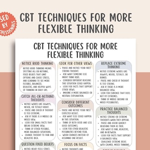Könnte beinhalten: Ein weißes Poster mit dem Titel "CBT-Techniken für flexibleres Denken" und einem roten Aufkleber mit der Aufschrift "Verwendet von Profis". Das Poster listet Techniken für flexibles Denken auf, wie z. B. starre Gedanken erkennen und ausgewogene Gedanken praktizieren.