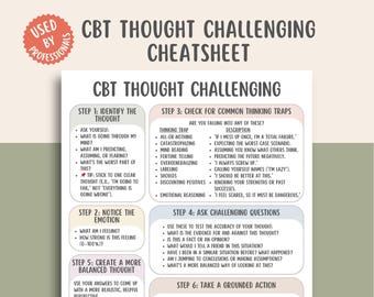 CBT Thought Challenging Cheatsheet, Cognitive Therapy, Anxiety Printable, Mental Health Worksheet, Self Help Tool, Therapy PDF Download