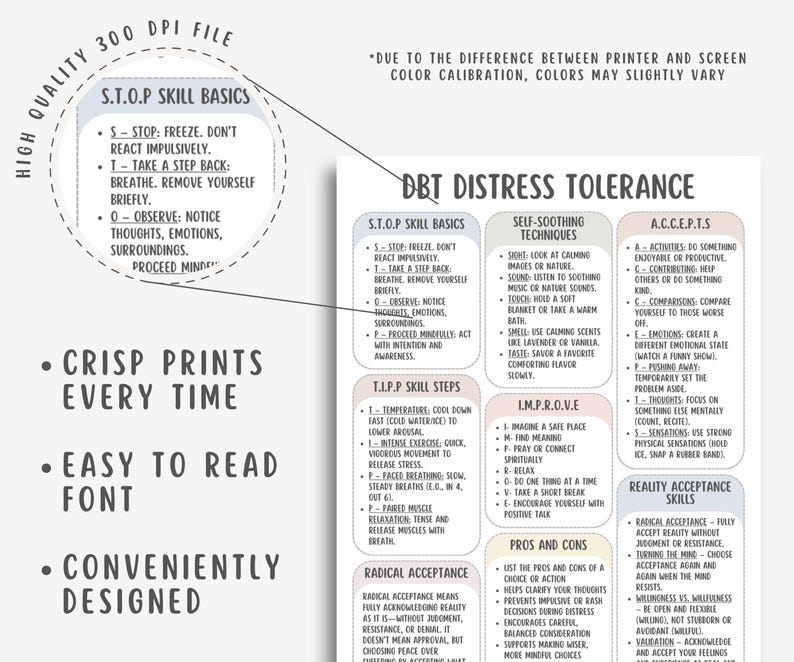DBT Distress Tolerance Skills Cheat Sheet PDF, Therapy Worksheet, Mental Health Tool, Coping Skills Guide, Printable Self Help Decor