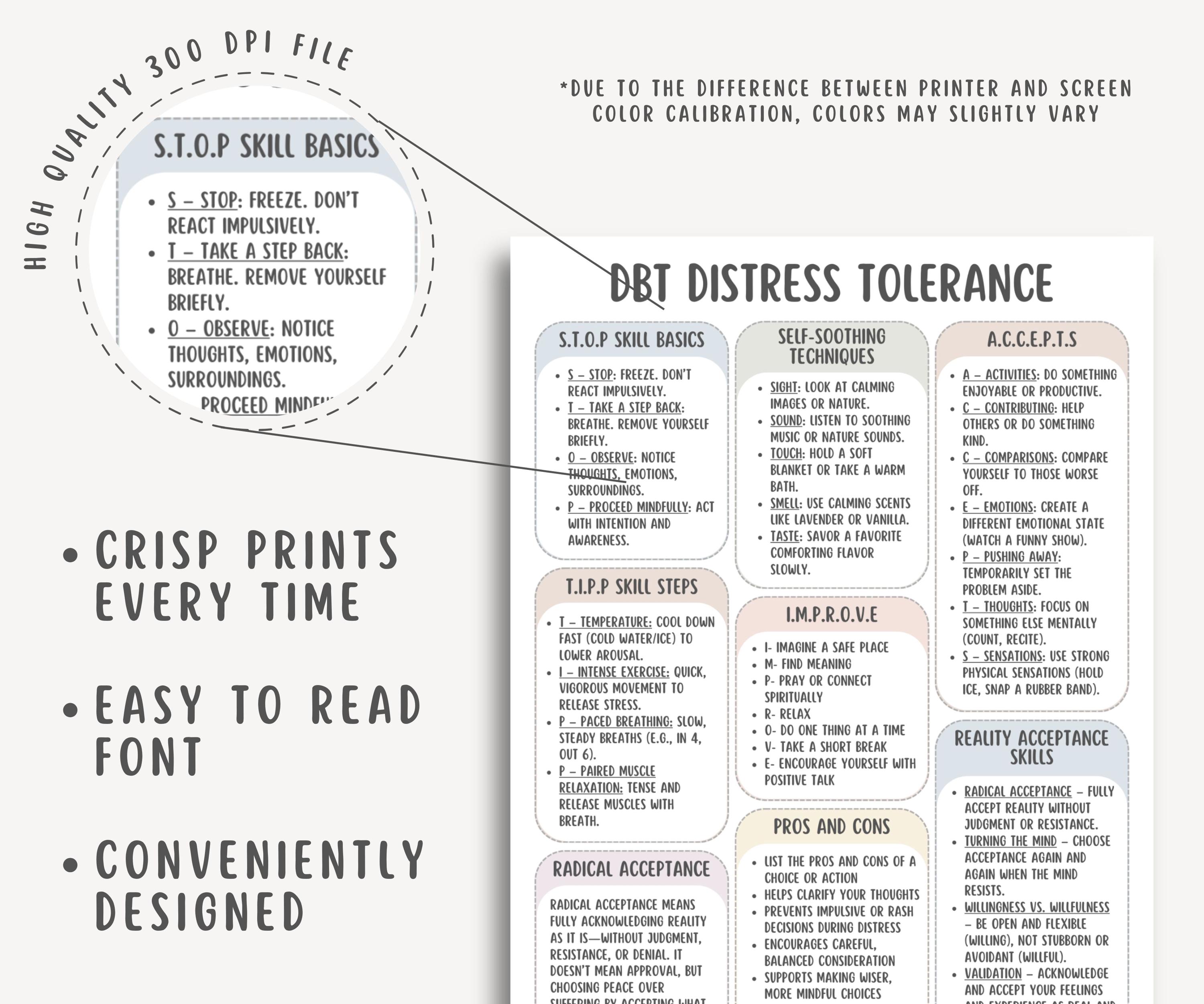 DBT Distress Tolerance Skills Cheat Sheet PDF, Therapy Worksheet ...