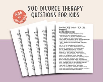 May include: A stack of printed pages titled "500 Divorce Therapy Questions for Kids." The pages are white with black text, and the title is in large, bold letters. A red circular sticker reads "Used by Professionals."