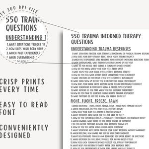 550 Trauma Informed Therapy Questions, Trauma Worksheets, Healing Workbook, Mental Health PDF, Therapy Prompts, Printable Resource