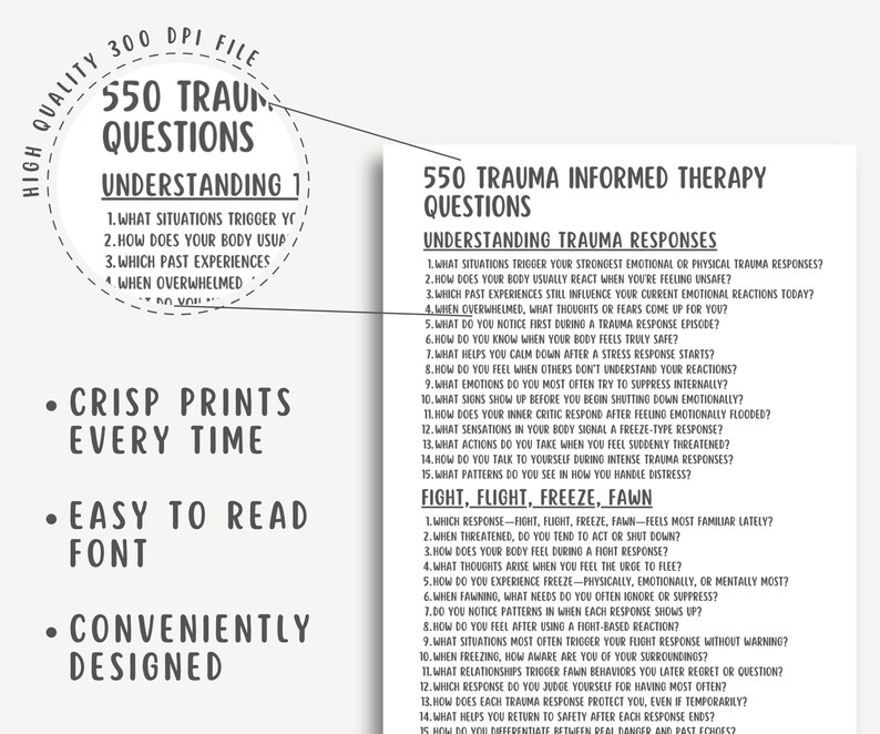 550 Trauma Informed Therapy Questions, Trauma Worksheets, Healing Workbook, Mental Health PDF, Therapy Prompts, Printable Resource