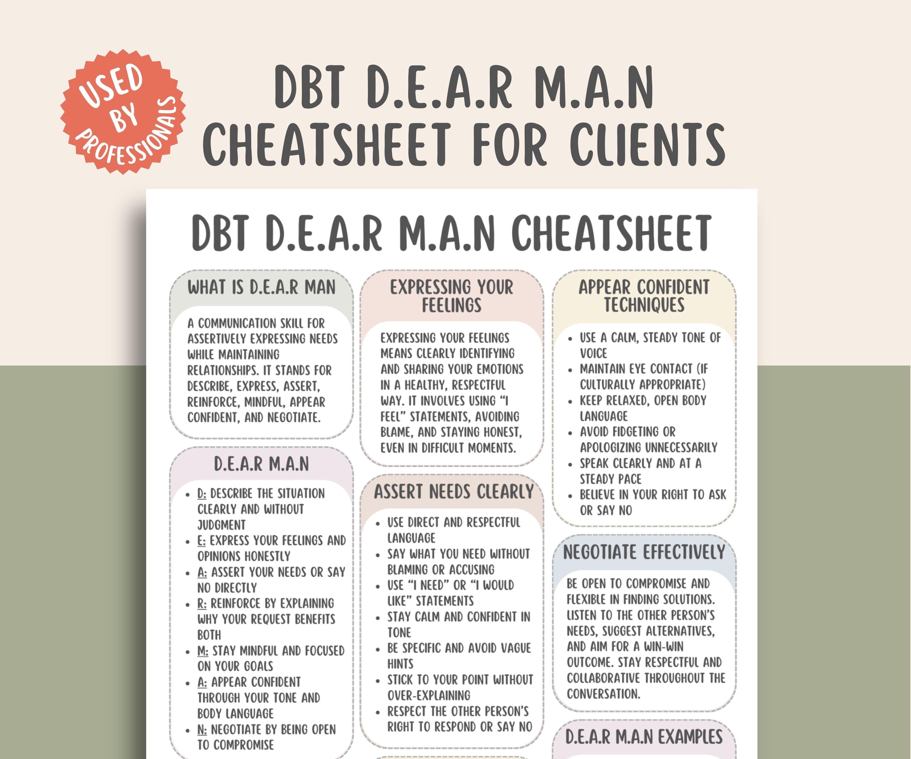 DBT DEAR MAN Cheat Sheet, Communication Worksheet, Coping Skills Guide ...