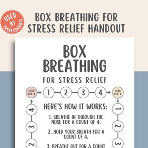 Może przedstawiać: Biała ulotka z tekstem "BOX BREATHING FOR STRESS RELIEF HANDOUT". Ulotka wyjaśnia oddychanie w pudełku z ponumerowanymi krokami i frazą "HERE'S HOW IT WORKS". Czerwone koło z napisem "USED BY PROFESSIONALS" znajduje się w lewym górnym rogu.