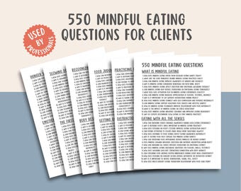 May include: A stack of white cards with the text "550 MINDFUL EATING QUESTIONS FOR CLIENTS" in black. The cards are arranged in a fan shape, with the text visible. A red sticker that says "USED BY PROFESSIONALS" is in the upper left corner.