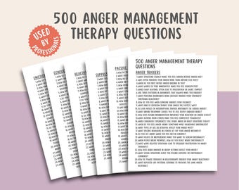 May include: A stack of printed cards with the text "500 Anger Management Therapy Questions" and "Used by Professionals." The cards are white with black text, and the background is a light purple.