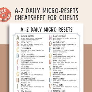 May include: A white paper titled "A-Z Daily Micro-Resets Cheatsheet for Clients" with a list of self-care techniques. The paper has a light beige background with the words "Used by Professionals" in a red circle.