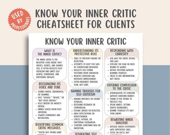 May include: A white and beige infographic titled "Know Your Inner Critic Cheatsheet for Clients." The document provides information on understanding, recognizing, and responding to the inner critic, with sections on triggers and rewriting inner dialogue.