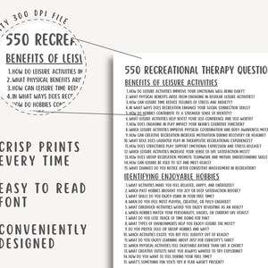 550 Recreational Therapy Questions, Leisure Therapy PDF, Activity Planner, Mental Health Tool, Self-Care, Printable, Counseling Guide
