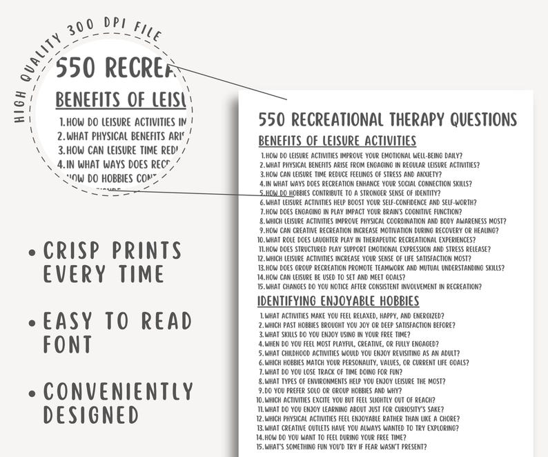 550 Recreational Therapy Questions, Leisure Therapy PDF, Activity Planner, Mental Health Tool, Self-Care, Printable, Counseling Guide