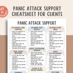 May include: An A4-sized infographic titled "Panic Attack Support Cheatsheet for Clients." The document, marked "Used by Professionals," offers advice on recognising symptoms, managing thoughts, and practicing self-reassurance during panic attacks.