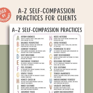 May include: A-Z Self-Compassion Practices for Clients poster. The poster lists self-compassion practices, each starting with a letter of the alphabet. The text is in a sans-serif font, with a pink and white colour scheme. The words "Used by Professionals" are in a circular badge.