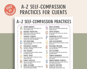 A–Z-zelfcompassiepraktijken, gids mindful self-vriendelijkheid, genezende affirmaties afdrukbaar, werkblad emotioneel welzijn, hulpmiddel geestelijke gezondheid