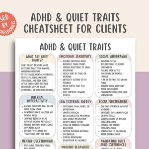 May include: A white paper titled "ADHD & Quiet Traits Cheatsheet for Clients" with a pink circular seal that reads "Used by Professionals." The document lists ADHD traits, including emotional sensitivity and social withdrawal.