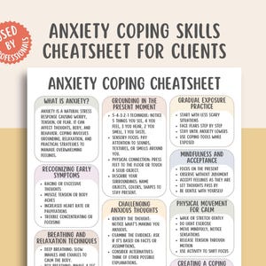 Op de afbeelding: Een witte en beige spiekbrief voor cliënten over angst coping vaardigheden. Het document bevat secties over het herkennen van symptomen, aardingstechnieken en mindfulness praktijken. De tekst is zwart, met een rode cirkel.