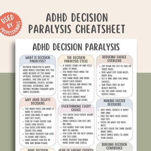 May include: A white informational sheet titled ADHD Decision Paralysis Cheatsheet with a red circular badge stating Used By Professionals. The document features six pastel-colored boxes containing bulleted text explaining decision paralysis.