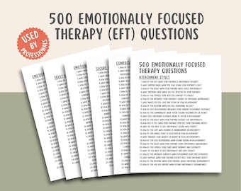 Puede incluir: Una hoja de trabajo imprimible en blanco y negro con el texto "500 preguntas de terapia centradas en las emociones (EFT)" y "Estilos de apego". La hoja de trabajo incluye una lista de preguntas relacionadas con los estilos de apego emocional.