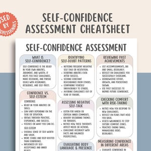 May include: A self-confidence assessment cheatsheet with the title "Self-Confidence Assessment" in large text. The sheet includes sections on self-confidence, identifying self-doubt patterns, and reviewing past achievements. A red circular sticker with the text "Used by Professionals" is in the upper left corner.