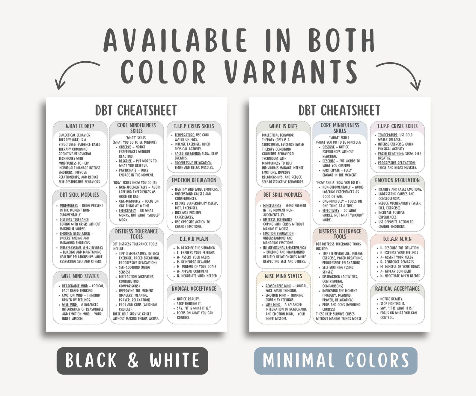 DBT Skills Cheat Sheet PDF, Dialectical Behavior Therapy Guide, Mental ...