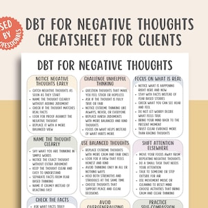Puede incluir: Una hoja de trucos DBT (Terapia Dialéctica Conductual) blanca y rosa para clientes, con texto que incluye "DBT for Negative Thoughts" y estrategias para manejar los pensamientos. Diseñado para profesionales.