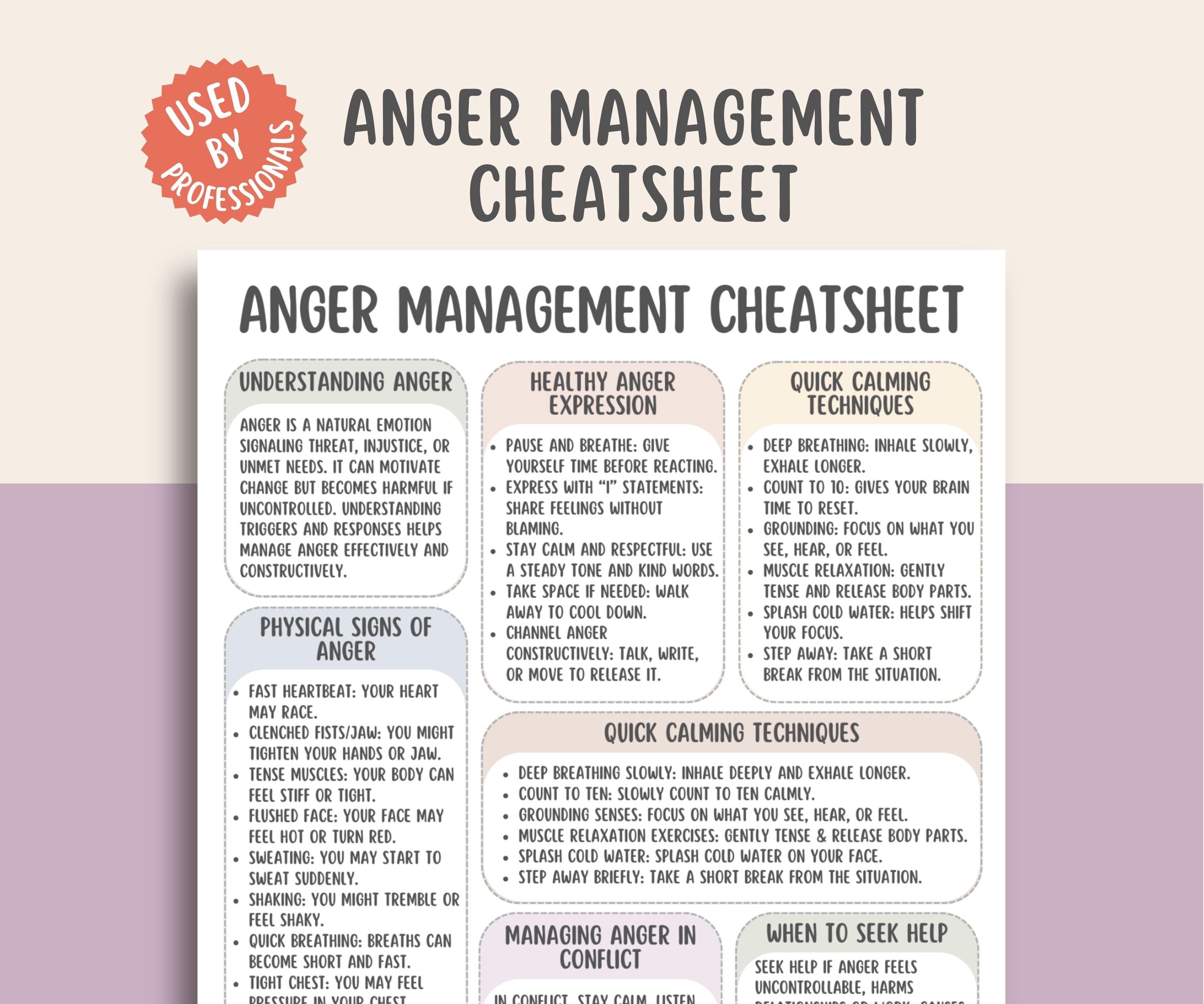 Anger Management Cheatsheet, Emotional Regulation, Mental Health Printable, Self Regulation Tool, Anger Coping Worksheet, Guide for Adults