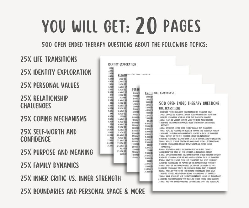 Open Ended Therapy Questions, client conversation prompts, mental health handout, reflection cards, counseling tool, talk therapy printable
