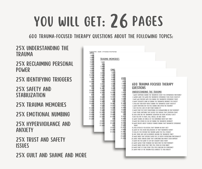 600 Trauma-Focused Therapy Questions, Trauma Healing Prompts, PTSD, Mental Health Worksheets, Shadow Work, Inner Child, EMDR Therapist Tools