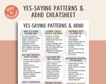 Könnte beinhalten: Eine Infografik mit dem Titel "YES-SAYING PATTERNS & ADHD CHEATSHEET" in Weiß und Lila. Sie behandelt Muster, Konfliktvermeidung und emotionale Kosten. Enthält Text wie "Was sind Ja-Sagen-Muster?" und "Emotionale Kosten des Ja-Sagens".