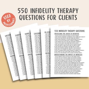 May include: A stack of white paper sheets with printed text, titled "550 Infidelity Therapy Questions for Clients." The pages are organized by topic, including "Emotion," "Clarify," and "Re-establish." A circular sticker reads "Used by Professionals."
