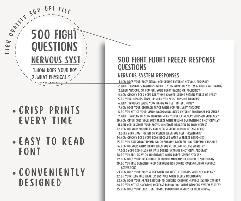 500 Fight Flight Freeze Questions, Trauma Workbook, Nervous System ...