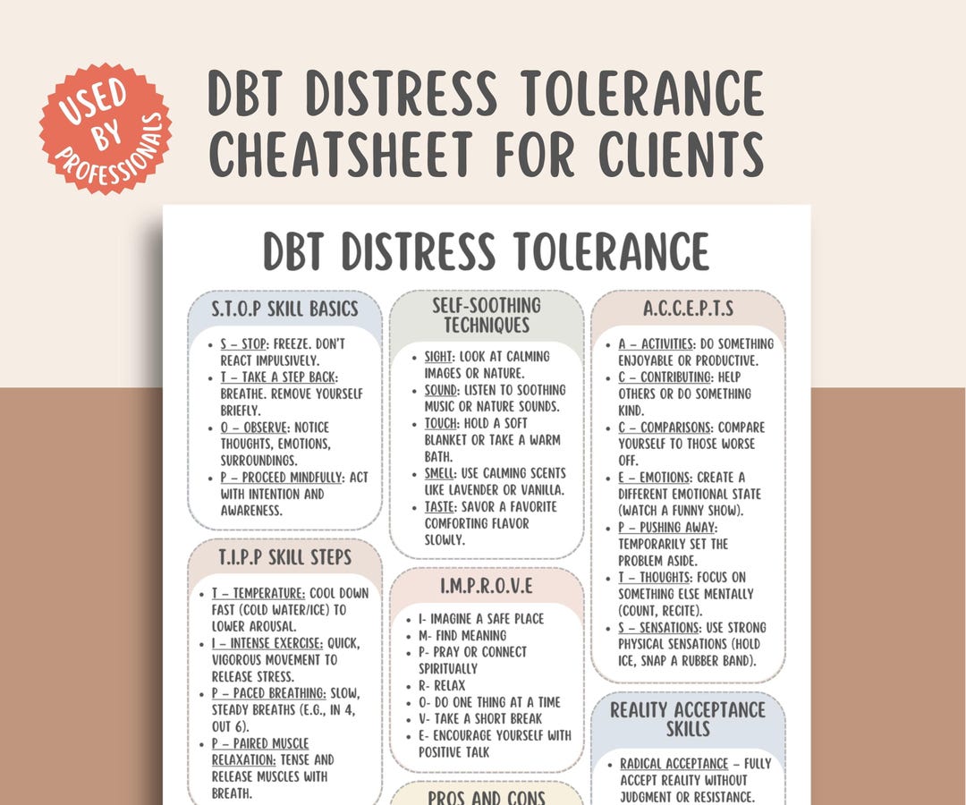 DBT Distress Tolerance Skills Cheat Sheet PDF, Therapy Worksheet ...
