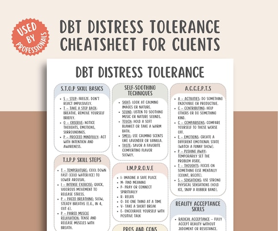 DBT Distress Tolerance Skills Cheat Sheet PDF, Therapy Worksheet, Mental Health Tool, Coping Skills Guide, Printable Self Help Decor