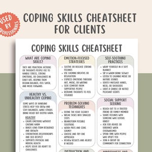 May include: A white and beige coping skills cheat sheet for clients, used by professionals. The sheet lists strategies for managing emotions, problem-solving, self-soothing, and seeking social support. It includes sections on healthy vs. unhealthy coping.