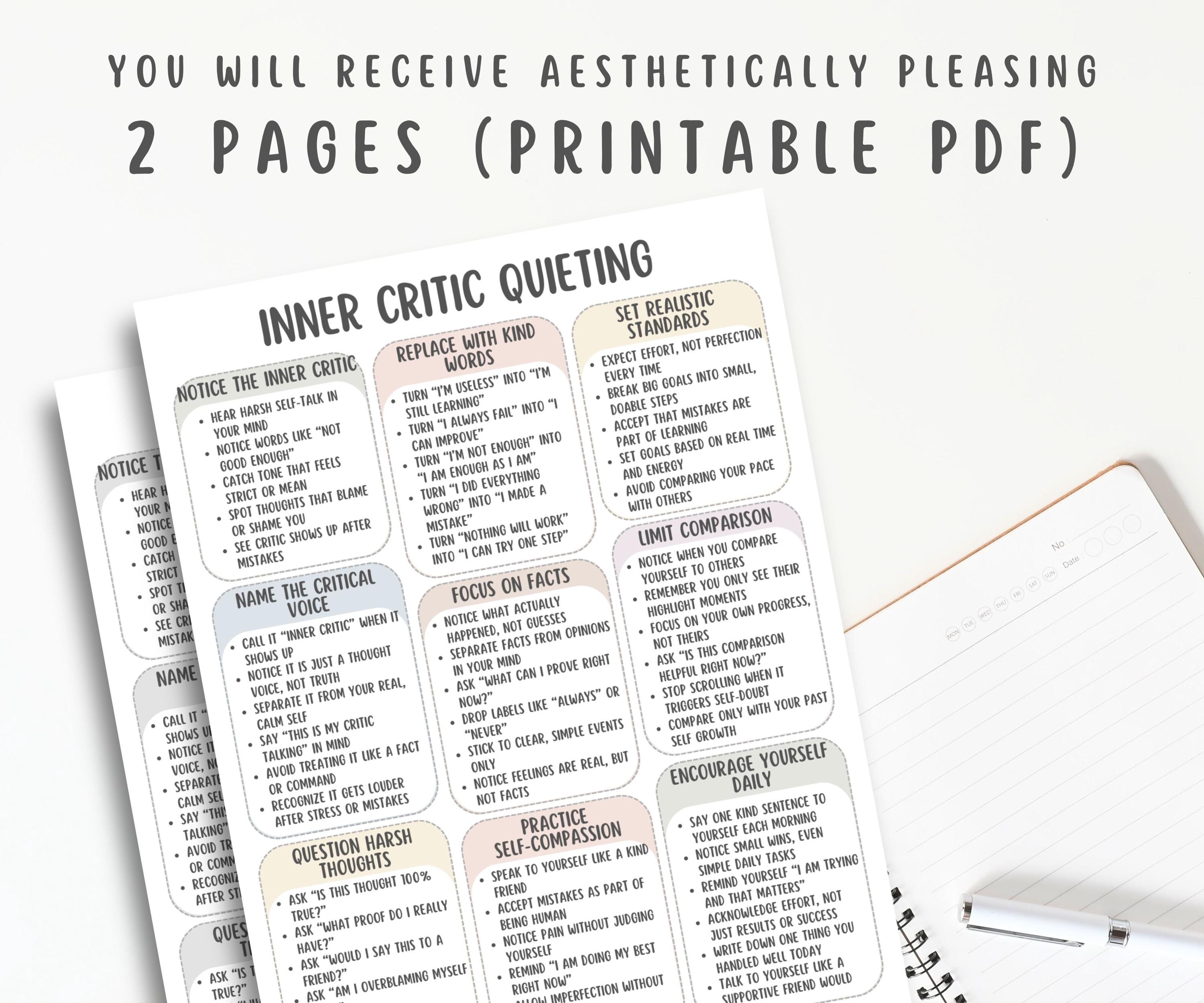 Inner Critic Quieting Cheat Sheet, Stop Negative Self Talk Workbook ...